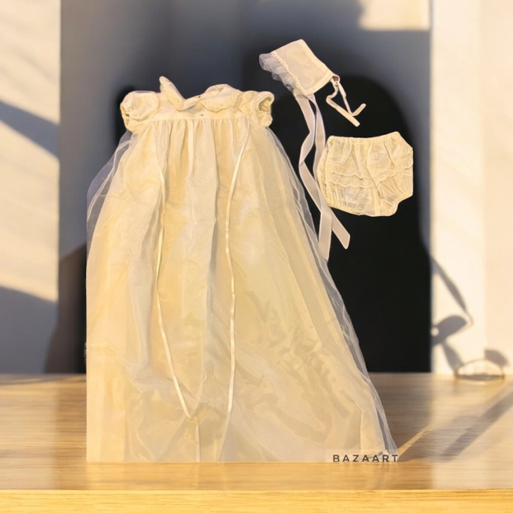 Vintage Infant Christening Gown Set Cream Satin Organza Bonnet Bloomers‎